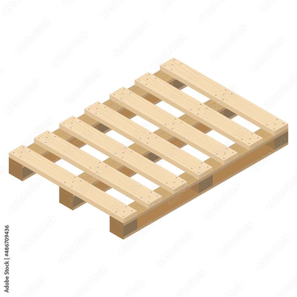 Wooden pallet, isometric view. Realistic image with wood texture and fixing nails. 3D Render. Vector illustration. Wooden pallet, isometric view. Realistic image with wood texture and fixing nails. 3D Render. Vector illustration.