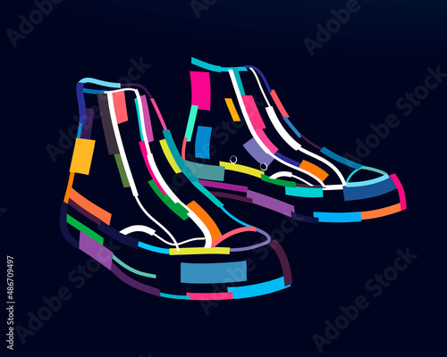 Abstract men boots from multicolored paints. Colorful drawing. Vector illustration of paints