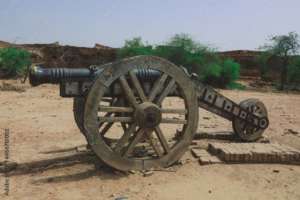 Antique Cannon with Wooden Wheels in the Derawar Fort in Cholistan Desert, Pakistan