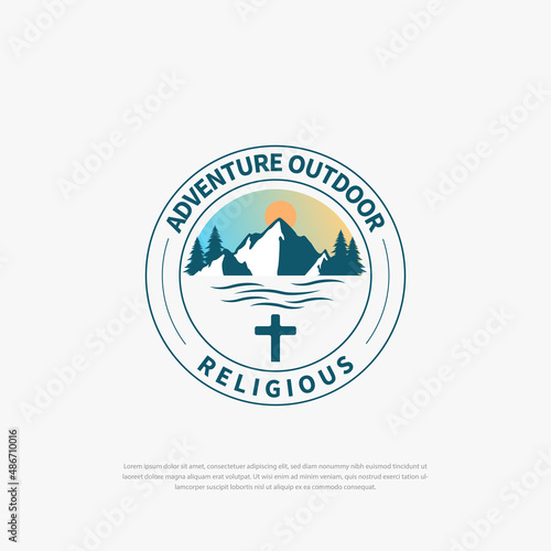 Vintage Mountain Logo with Christian Cross for Religious Church or Chapel,symbols,icons