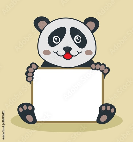 Fototapeta Naklejka Na Ścianę i Meble -  Cute and young panda sitting with smile and billboard on coloured background