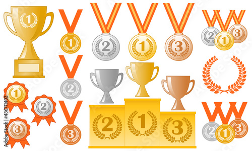 awards - medals, podium, trophies prizes, set of colour vector illustrations