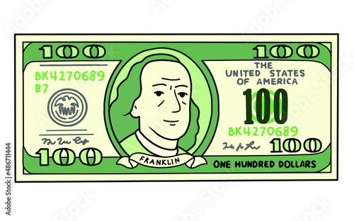 One Hundred dollars banknote isolated on a
White background. 
Minimal cash concept.
Vector illustration, EPS 10.