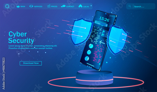 Isometric vector illustration of mobile data security. A smart application protects your smartphone from theft and hacker attacks. The Internet of Things is an automatic protection technology. Vector