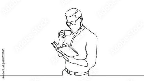 Continue with the line art.  A man wearing eyeglasses reads a book and drinks a cup of coffee.