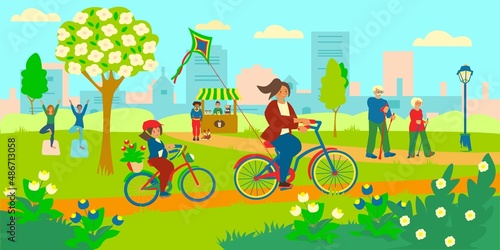 Spring cityscape. People walking in the park. Woman with daughter riding a bakes with a kite. Two women do yoga exercises, eldery couple hiking. Flat vector illustration