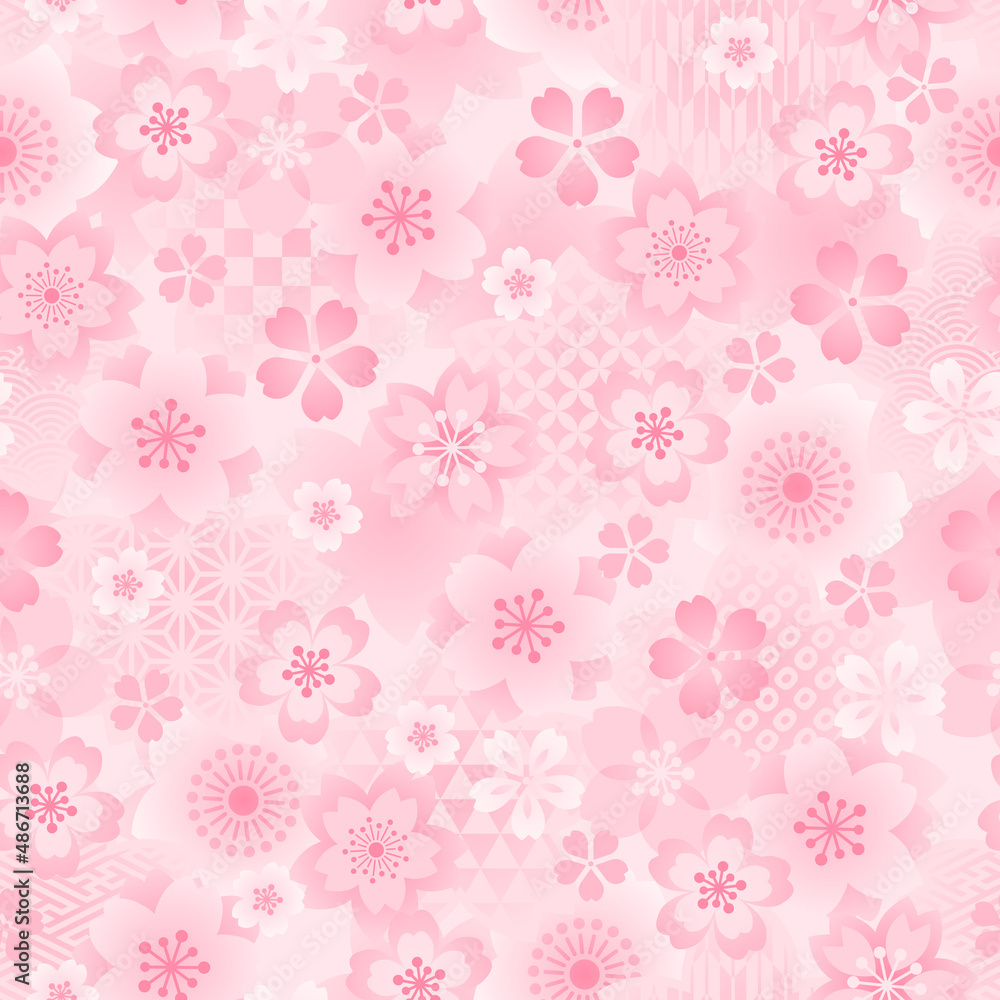 ピンクの桜と和柄のパターン背景