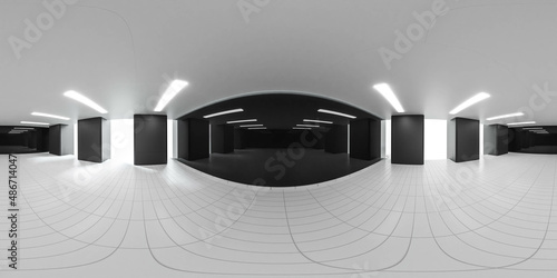 360 degree full panorama environment map of empty black and white production hall laboratory science lab technology office 3d render illustration hdri hdr vr virtual reality