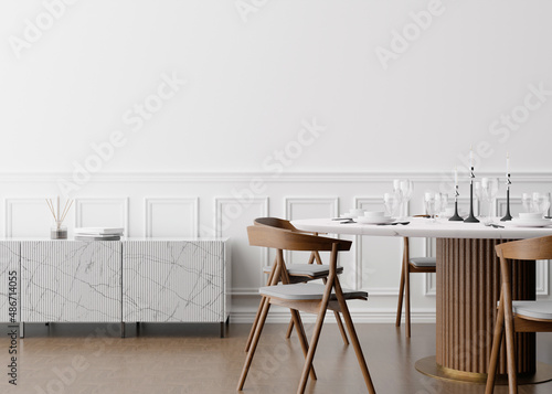 Empty white wall in modern dining room. Mock up interior in contemporary style. Free space  copy space for your picture  text  or another design. Dining table with chairs  parquet floor. 3D rendering.