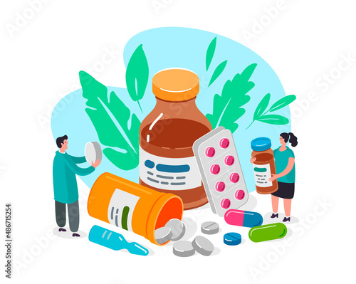 Medical prescription, pills and drops. Doctors and medicines for treatment of diseases. Flat vector illustration