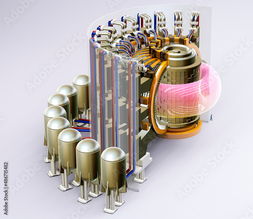Nuclear fusion reactor, energy produced thanks to the fusion of atoms, the process that powers the Sun. ITER the first experimental reactor that involves the production of plasma. 3d section