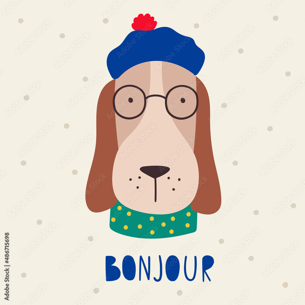 French dog. French style dog. Vector illustration cartoon dog dressed