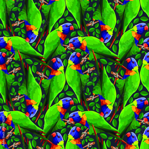 Parrots in leaves on a dark background. Seamless pattern. Vector illustration. 