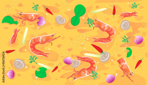 Vector illustration of hot and sour Thai soup background. Tom Yum kung. Tom Yum Soup with shrimps. Thai food