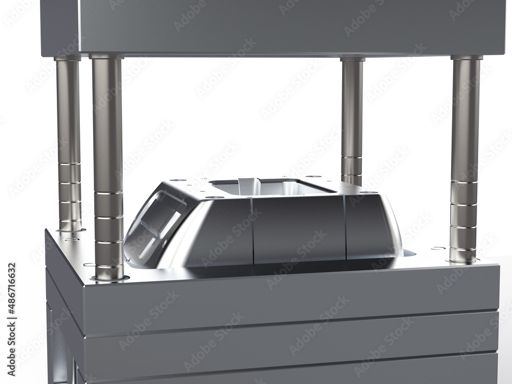 3D render of plastic moulding machine. Plastic injection moulding.Cups ...