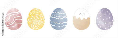 Painted watercolor Easter eggs set, paschal vector illustrations collection. Colorful watercolor egg shape backgrounds. Greeting card hand drawn templates with cute floral, geometric patterns. 