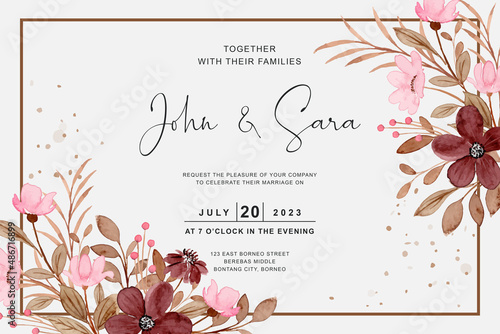 Wedding invitation card with watercolor floral border