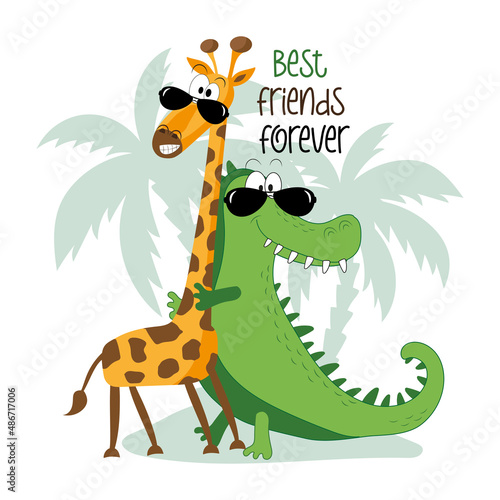 Best friends forever - cool giraffe and alligator in island. Good for T shirt print, poster, card, label, childhood, and other gifts design.
