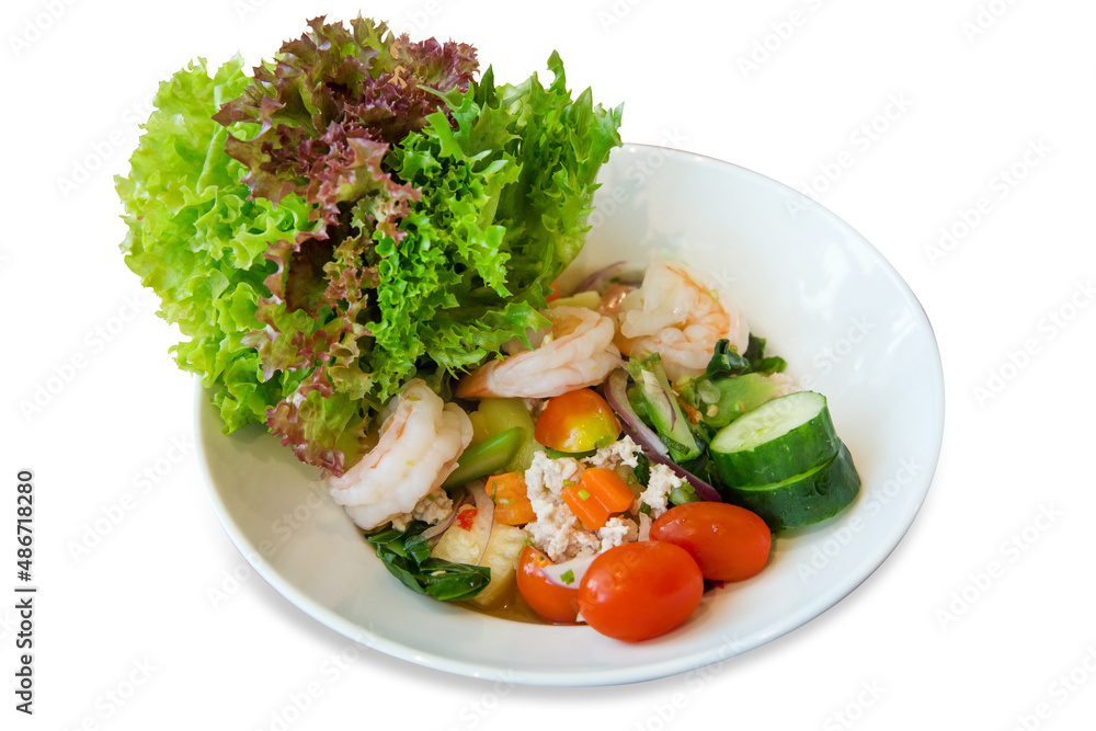 Die cut of SPICY PRAWN SALAD WITH ORGANIC CHINESE KALE on white isolated Die cut of SPICY PRAWN SALAD WITH ORGANIC CHINESE KALE on white isolated