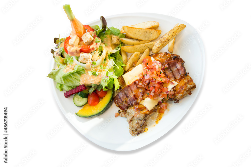 Die cut of Grilled steak with french fries and vegetables on white isolated Die cut of Grilled steak with french fries and vegetables on white isolated