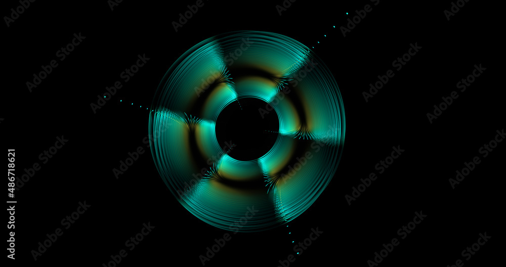 Abstract minimalistic neon fractal disc on dark background. Digital art. 3d rendering. Abstract minimalistic neon fractal disc on dark background. Digital art. 3d rendering.