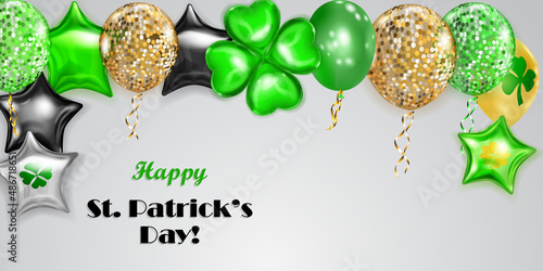Illustration on St. Patrick's Day with flying colored helium balloons: round, star-shaped, and in the form of a four-leaf clover, on white background © Olga Moonlight