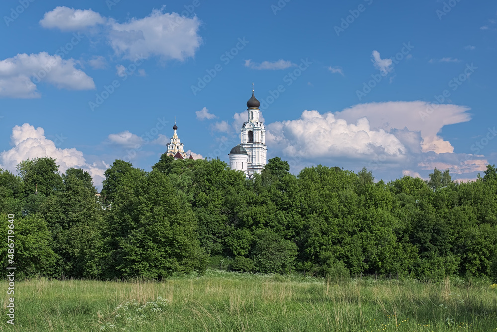 Kirzhach, Russia. Churches and Bell Tower of Annunciation Monastery. View from floodplain of Kirzhach river.
