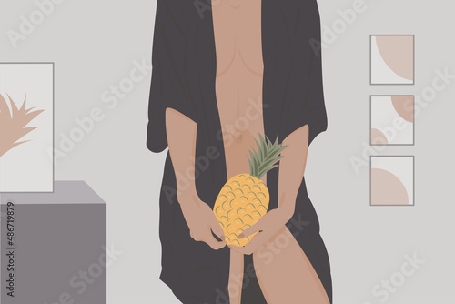 woman in a beautiful black nightgown with a pineapple in her hands in interier