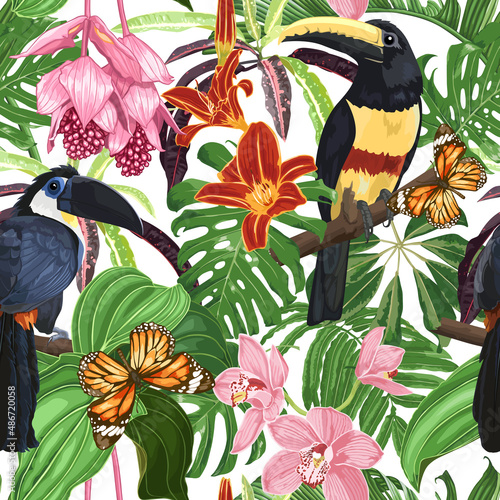 Toucans, orchids, tropical leaves, palms. Vector seamless pattern.