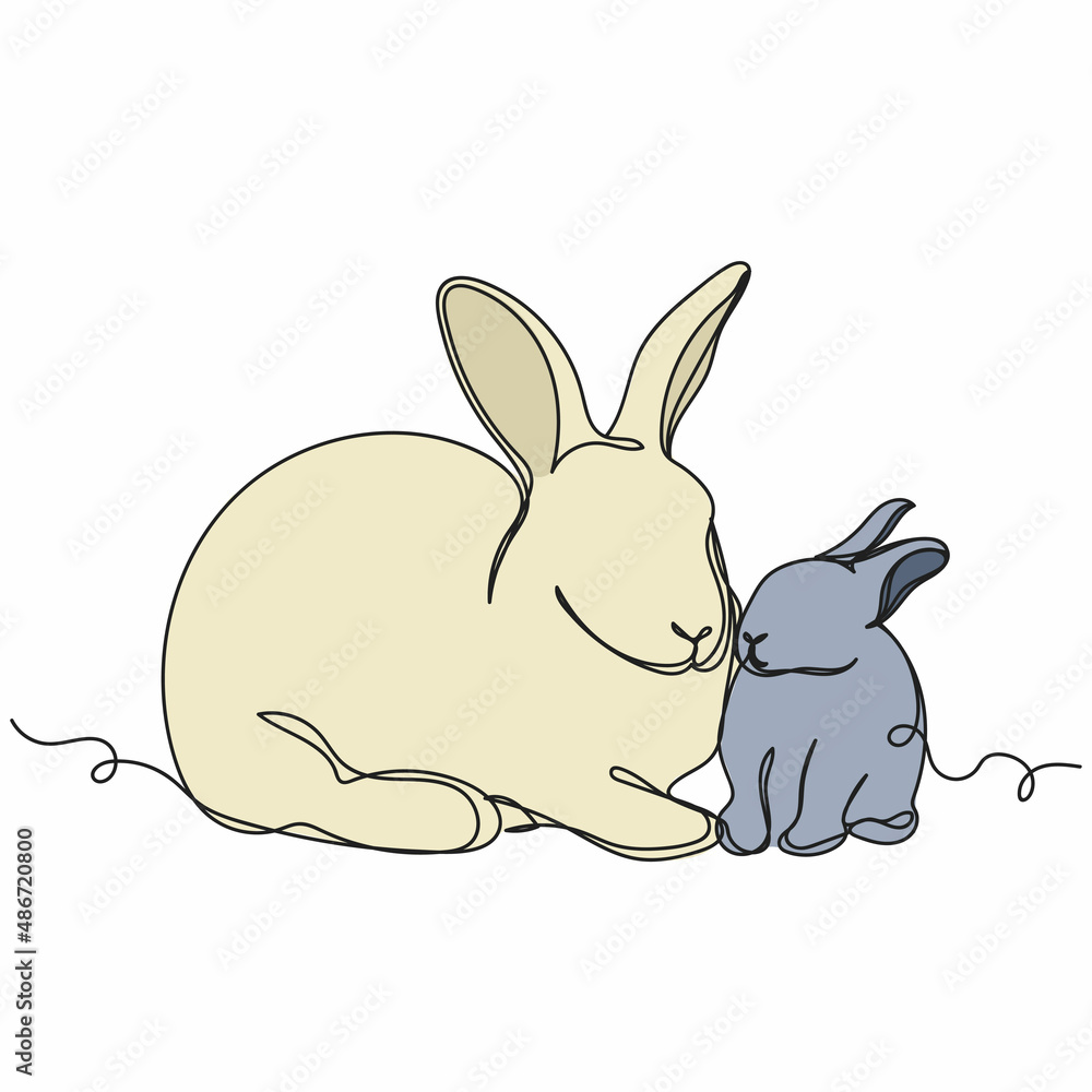 Obraz premium Continuous one simple single line drawing of mother rabbit with baby bunny icon easter symbol 2023 year concept in silhouette on a white background. Linear stylized.