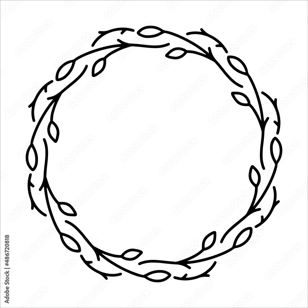 Vector hand drawn spring wreath isolated on white background. Outline circle of leaves. Doodle style. Floral frame. Vector hand drawn spring wreath isolated on white background. Outline circle of leaves. Doodle style. Floral frame.