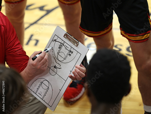 A basketball play is drawn up on a dry erase board during a timeout.
