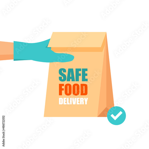 Safe food delivery during covid-19 pandemic. Hand in gloves. Craft paper package with groceries. Infographic flat design for apps and websites. Vector illustration isolated on white background.	