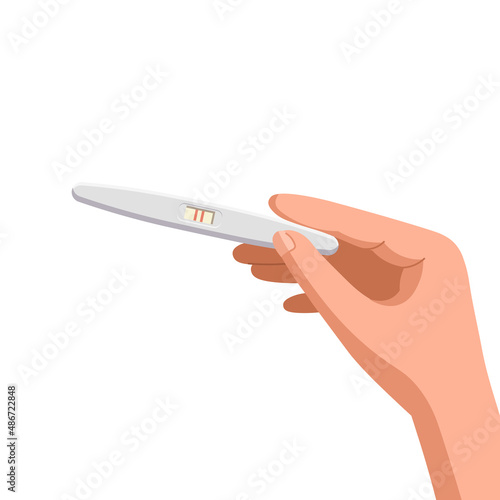 Pregnancy test in the hand with two red stripes. Positive pregnancy test.Vector cartoon illustration.