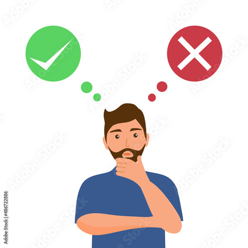 Man choosing right or wrong decision in flat design on white background. True false choice concept vector illustration.