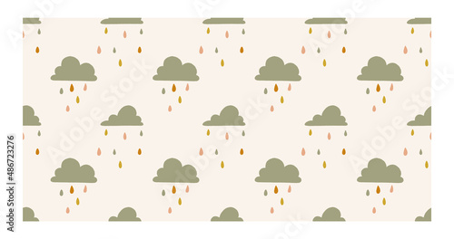 Cute Gender Neutral Nursery cloud rainy seamless pattern warm green color vector illustration