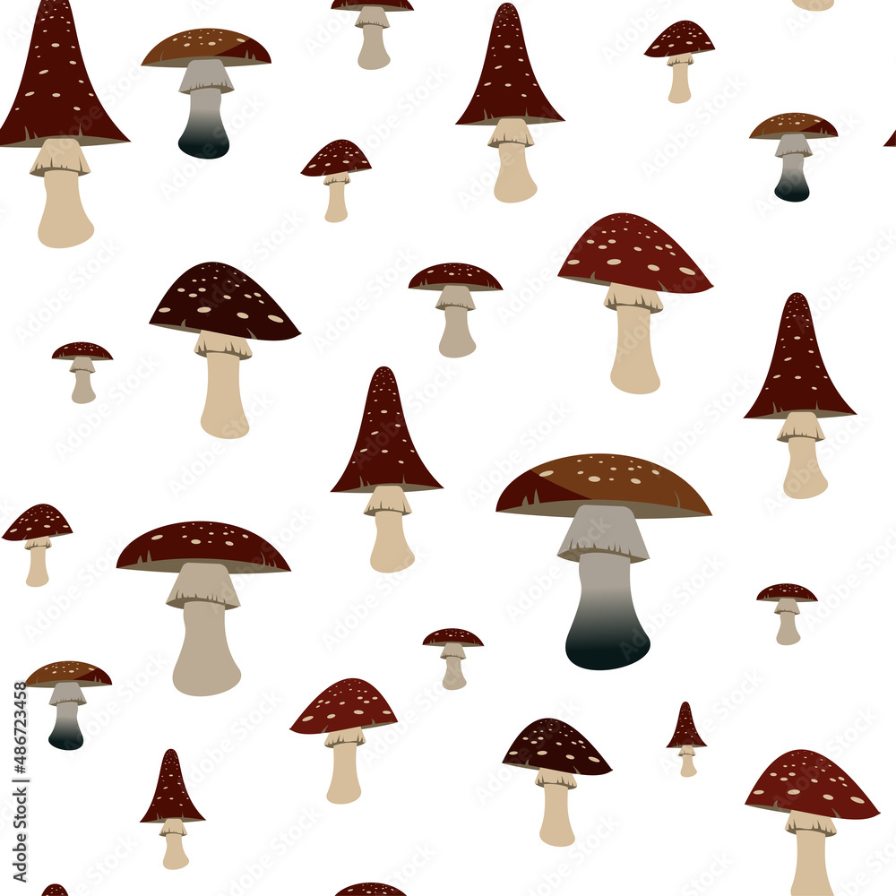 pattern of forest mushrooms. Fly agarics of different shapes on a white background. Vector illustration for fabric or packaging pattern of forest mushrooms. Fly agarics of different shapes on a white background. Vector illustration for fabric or packaging