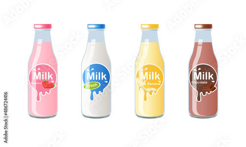 Milk bottle with strawberry, fresh milk, banana and chocolate milk label template