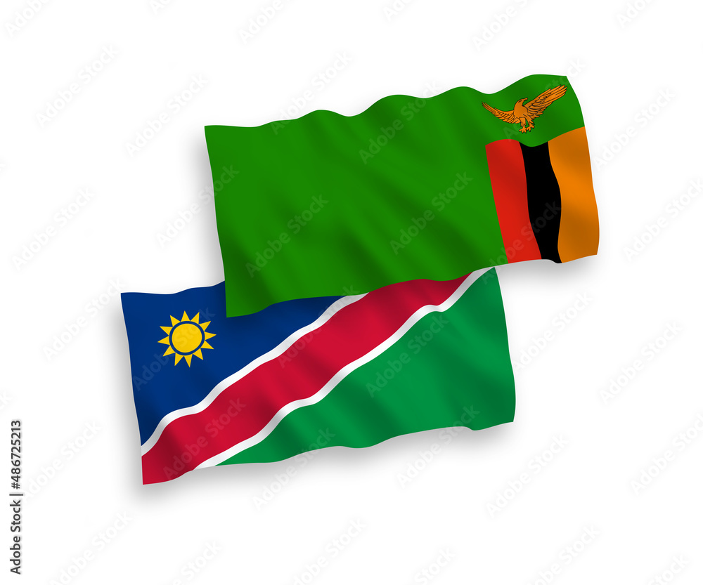 Obraz premium Flags of Republic of Zambia and Republic of Namibia on a white background