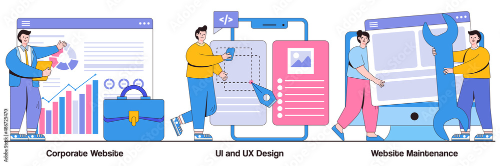Corporate website, UI and UX design, website maintenance concept with people character. Web development vector illustration set. Graphic design service, mobile app, user interface, support metaphor Corporate website, UI and UX design, website maintenance concept with people character. Web development vector illustration set. Graphic design service, mobile app, user interface, support metaphor