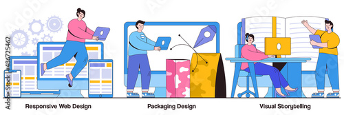 Responsive web design, packaging design, visual storytelling concept with people character. Cross platform development, brand development, content marketing abstract vector illustration set