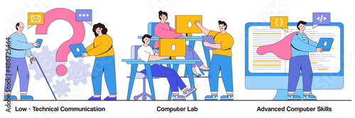 Low-technical communication, computer Lab, advanced skills concept with people character. Computer skills requirement vector illustration set. IT learning, devices for older people, laboratory