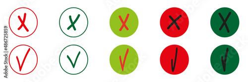 Red and green collection crosses and check marks . Set of flat vector mark buttons green,black and red crosses and checklist symbols. Quality sign icon. 