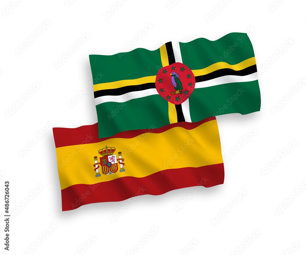 Fototapeta premium Flags of Dominica and Spain on a white background