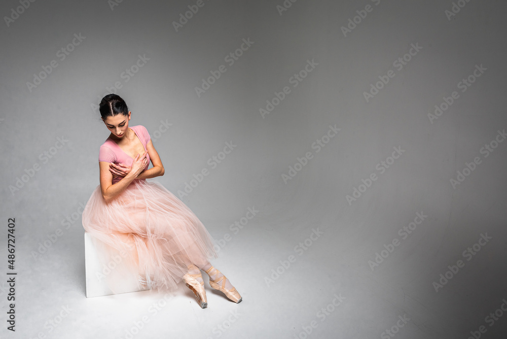 Naklejka premium pretty ballerina. A young elegant ballet dancer, dressed in professional attire, shoes and a pink weightless skirt with a tulle, demonstrates her dancing skills, sitting. The beauty of classical balle