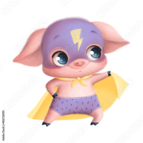 Illustration of cute cartoon animal superhero piggy © Bonbonny