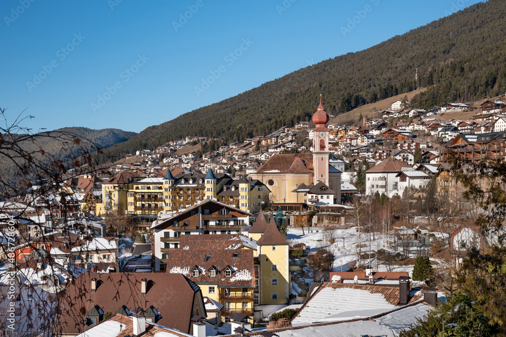 Scenery of  Ortisei, Italian village in Dolomites Alps.  
