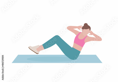 Women doing exercises.  Benefits, doing Russian twist about workout for flat Abdominal. Fitness and health concepts. Vector illustration in cartoon style