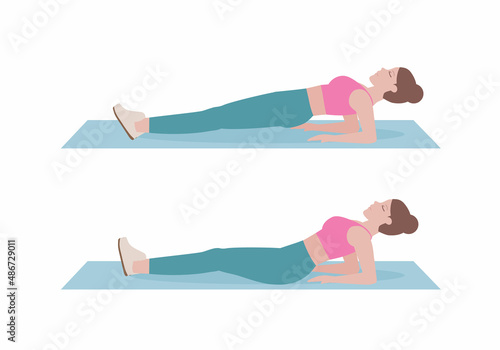 Women doing exercises. Benefits doing  2 step Reverse Plank. stretching key muscles like your pectoral muscles. Illustration about a workout. Fitness and health concepts