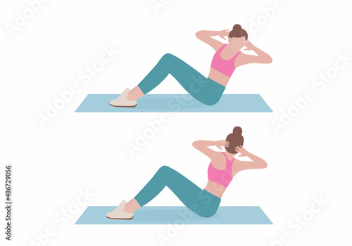 Women doing exercises. 2 Step by for doing  Russian twist. Illustration about workout for flat Abdominal. Fitness and health concepts